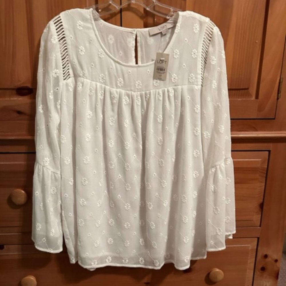 LOFT | White Blouse with Floral Detail and Bell Sleeves